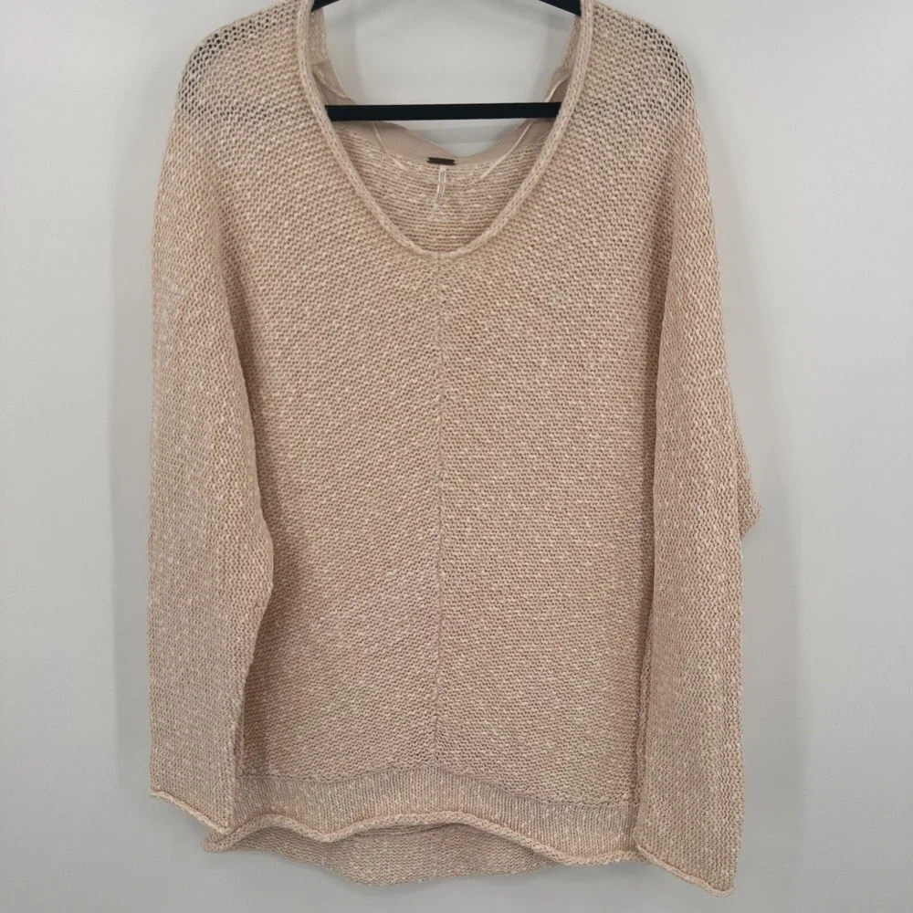 Free People Beige Marled Oversized V-Neck Chunky Knit Sweater Small Slouchy Boho
